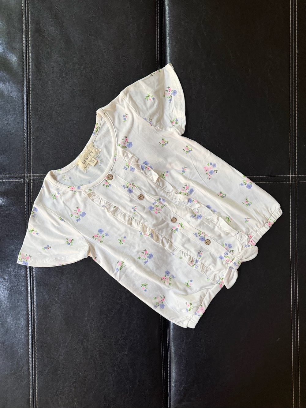 btween - Girl’s White Floral Ruffle Button-Front Top with Pastel Blooms